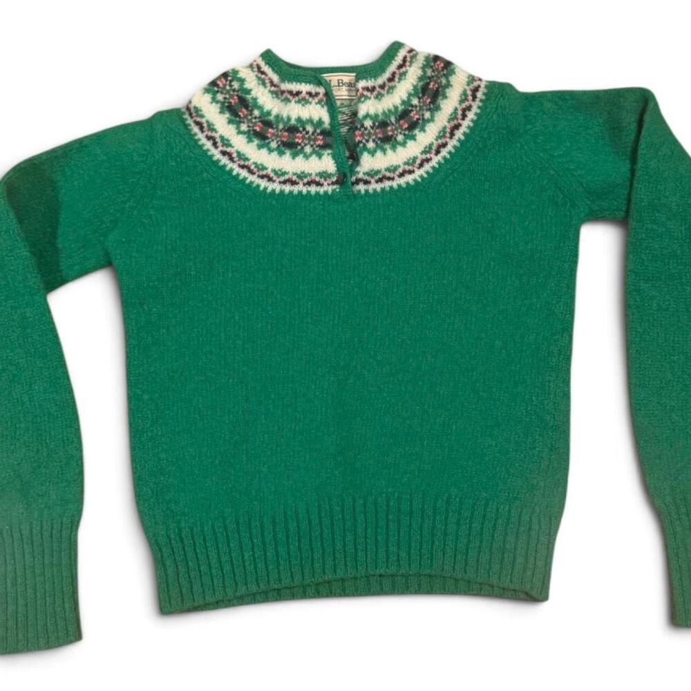 Vintage L.L.Bean Fair Isle Wool Sweater Women’s 36 Green Quarter zip